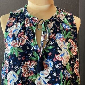 J. Crew blue floral crepe tie neck bohemian sleeveless tunic blouse top‎